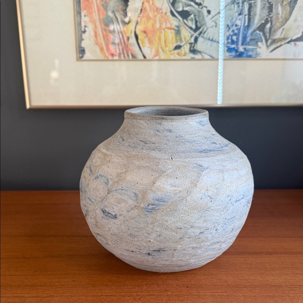 Artisan Ceramic Vase in Blue and Gray signed Hunts crafted vase or yarn holder
